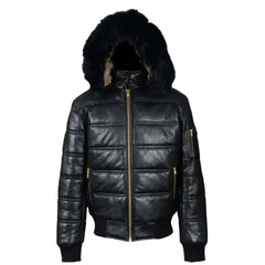 Full front view of the Ash black hooded leather puffer jacket featuring a streamlined silhouette, integrated leather hood, and zippered front.
