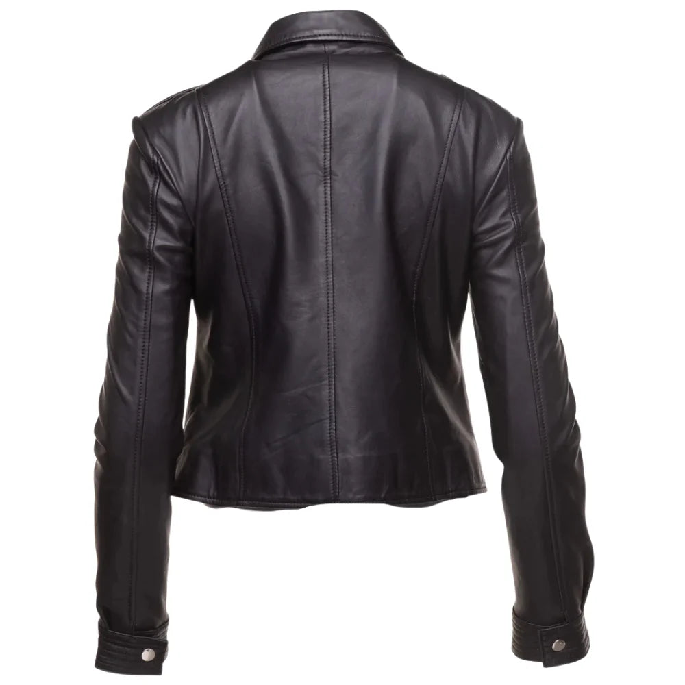 Back profile of the Aria black cropped leather jacket showing the sleek, high-quality leather finish and cropped hemline.