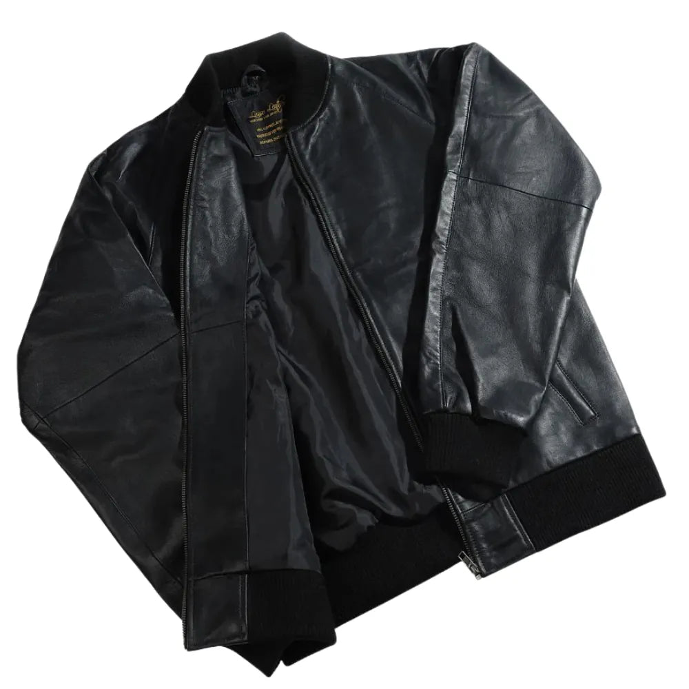 Black leather bomber jacket with ribbed hem and cuffs front angle view