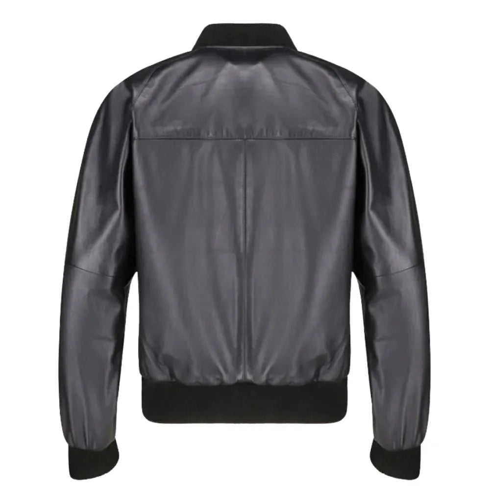 Black bomber style ribbed leather jacket back view with ribbed waistband
