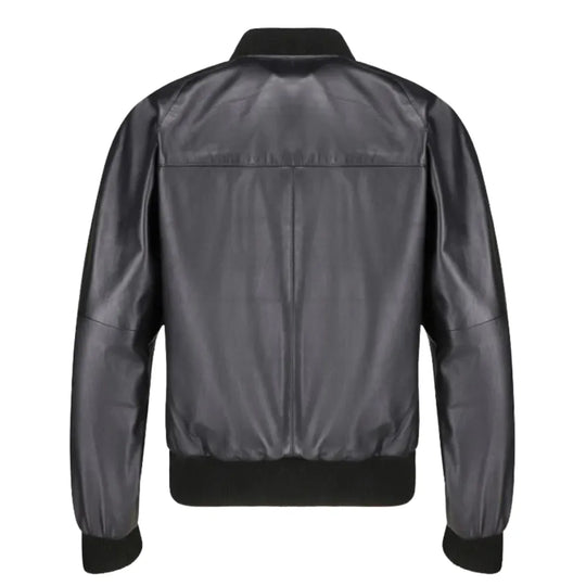 Black bomber style ribbed leather jacket back view with ribbed waistband