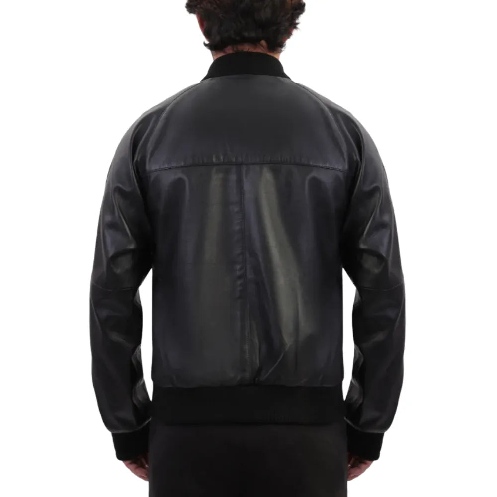 Black bomber style ribbed leather jacket back view with ribbed waistband