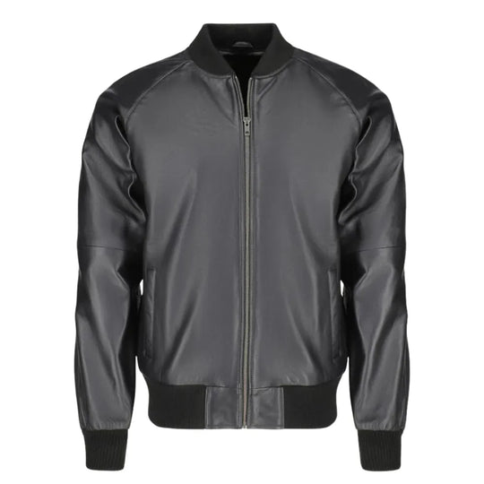 Black bomber style ribbed leather jacket front view with ribbed waistband and cuffs