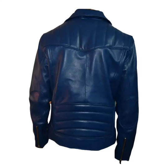 Rear profile of Blue Leather Biker Jacket showing structured biker silhouette
