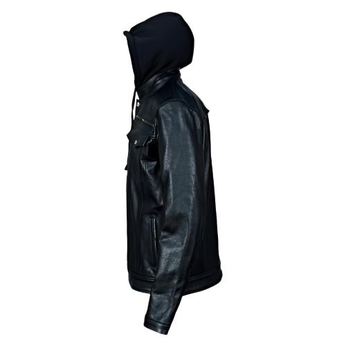 Easton Black trucker motorcycle leather jacket with hood