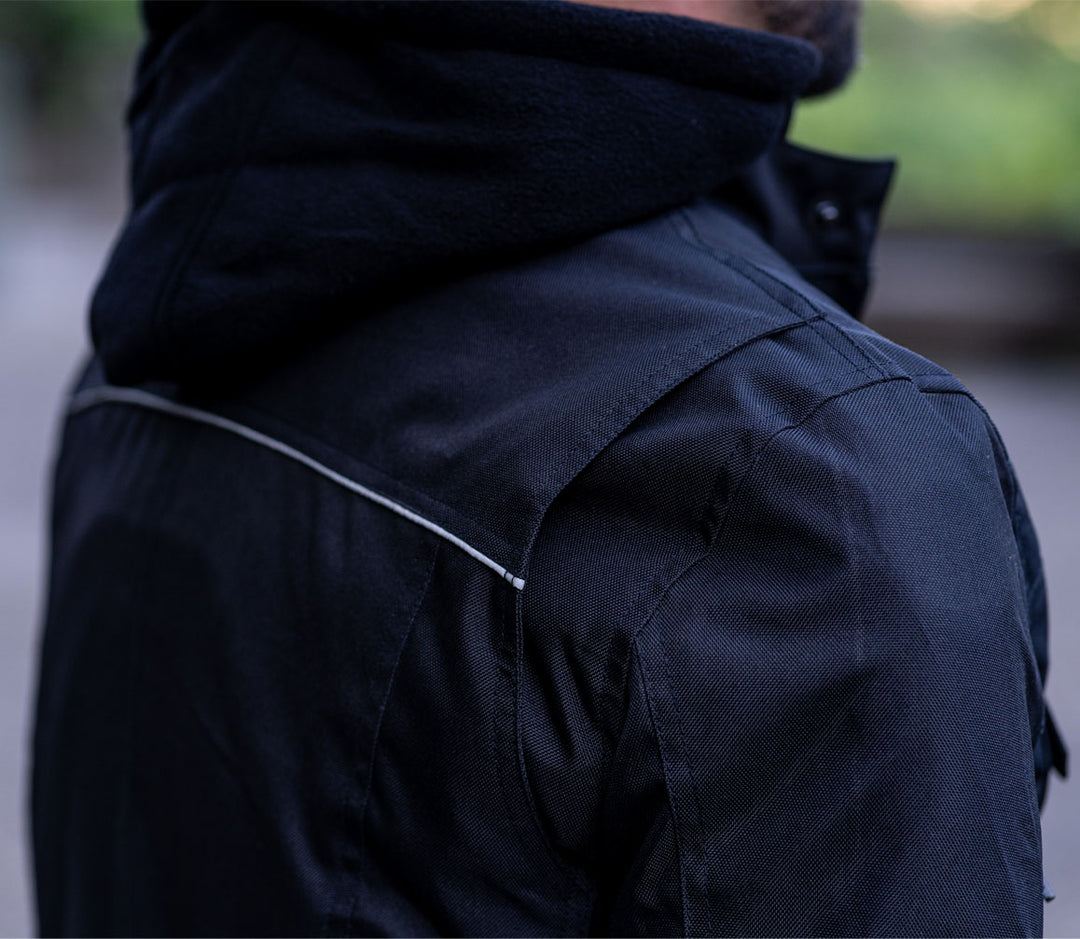 "Black Utility" Air Ventilation and Hooded Breathable and Waterproof Textile Motorcycle Jacket with armor protectors