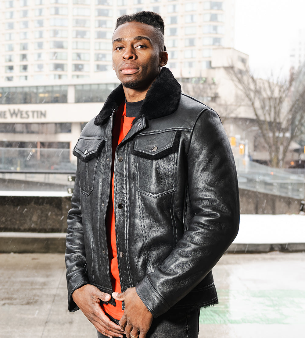 Removable Sheepskin Collar Men's Leather Trucker Jacket With