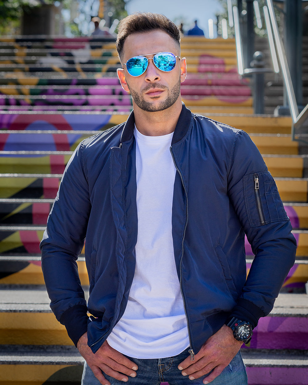 Men Zak's blue Nylon flight jacket with ribbed waist – Lusso Leather