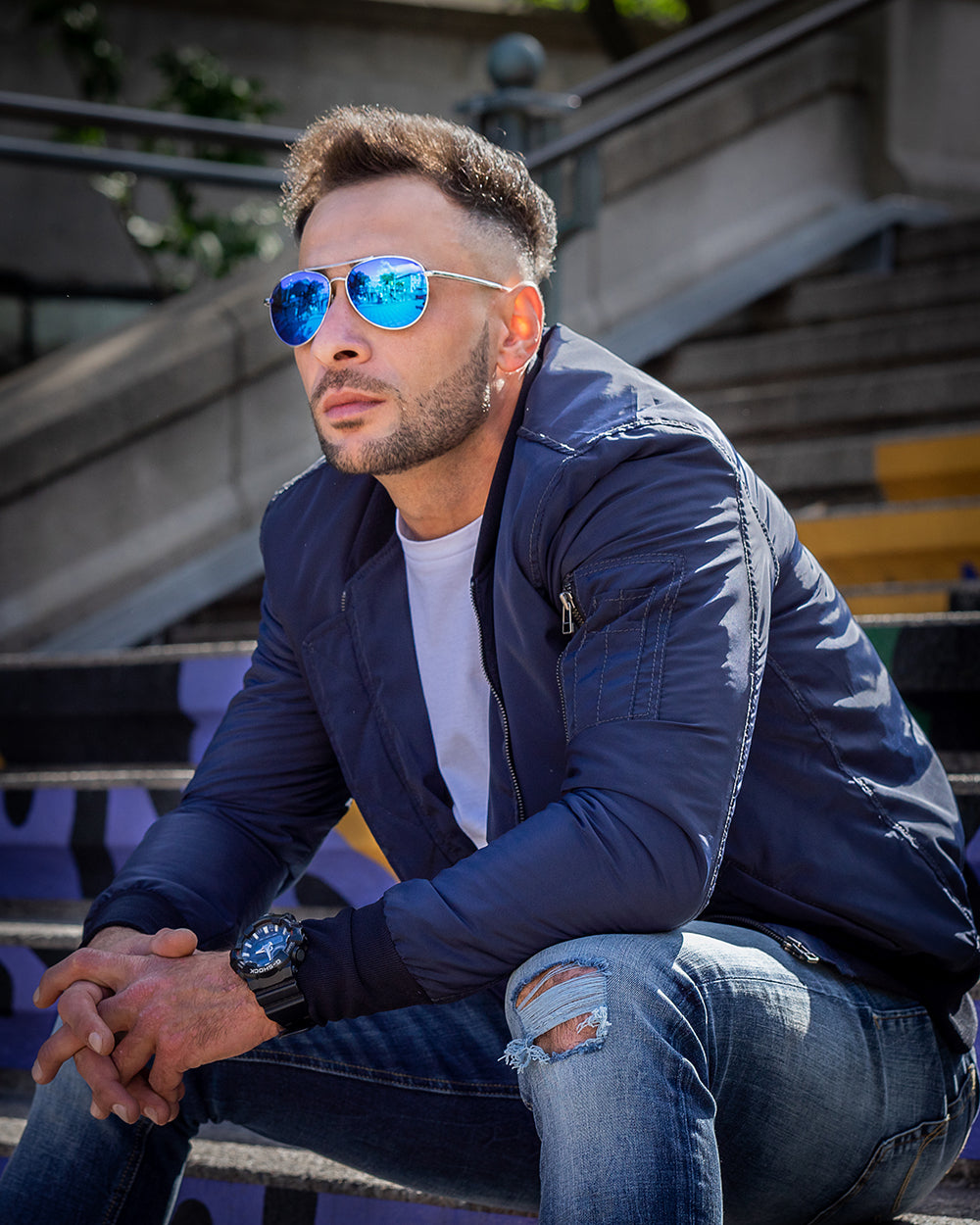 Men Zak's blue Nylon flight jacket with ribbed waist – Lusso Leather