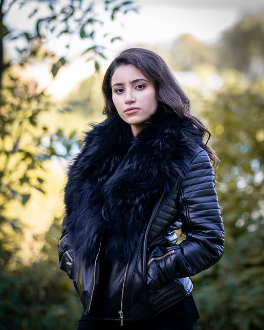 Amarah's Large Fur Shawl leather jacket with ribbed sleeve detailing