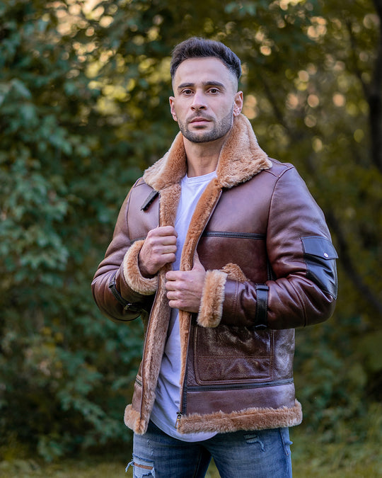 Esa Brown Bomber Sheepskin Shearling Jacket with large pockets