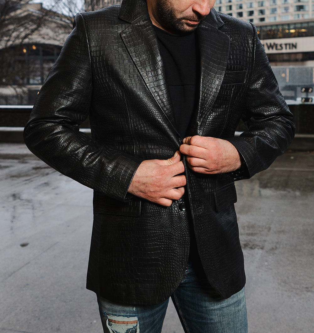 Croc print black leather blazer