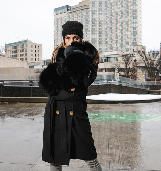 Aria Black Chic long cashmere blend coat with fox fur