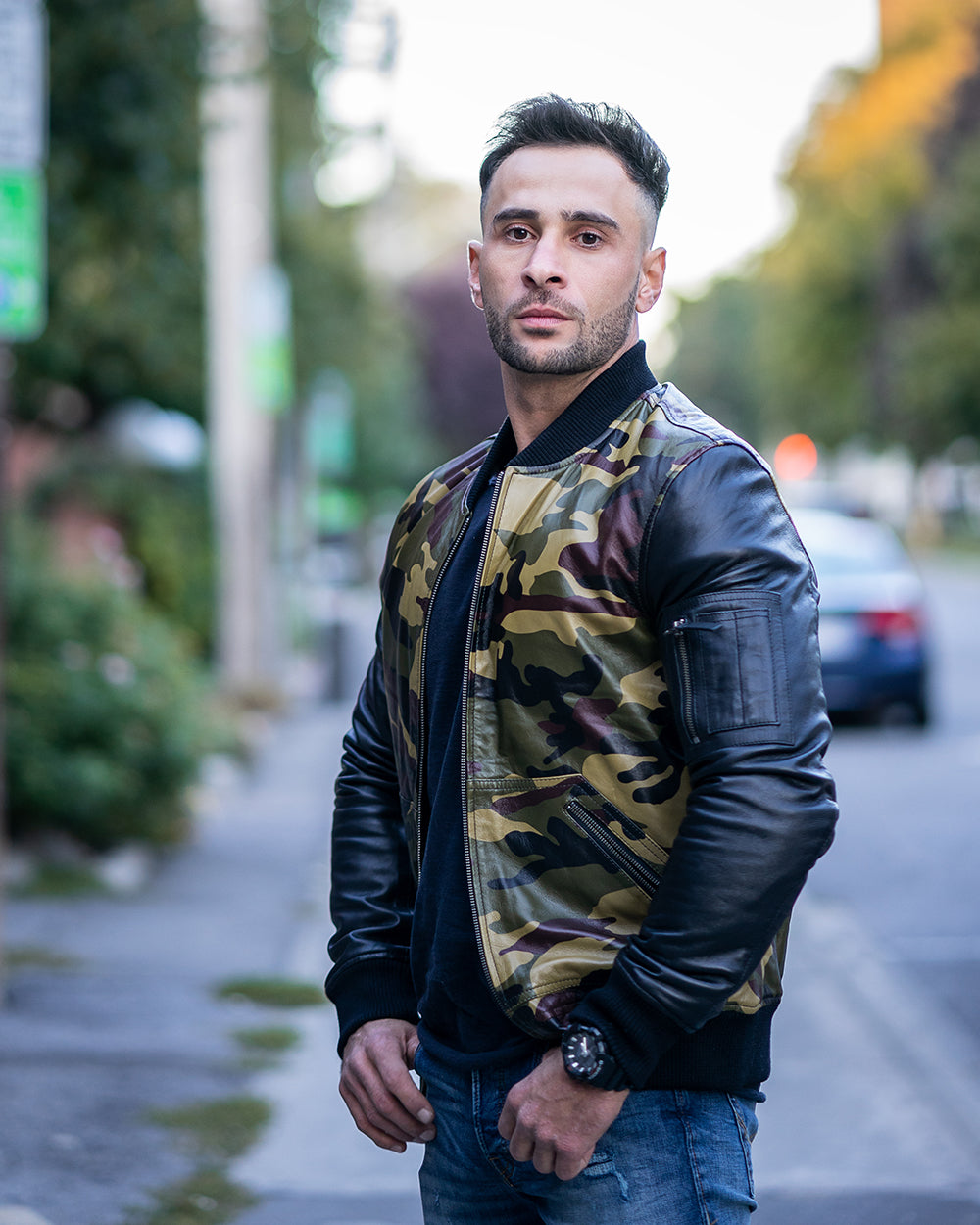 Bomber Camouflage Military print leather jacket with Back sleeves