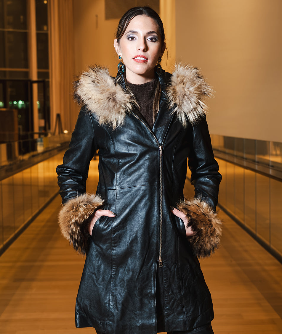 Natalie black winter coat with fur cuffs