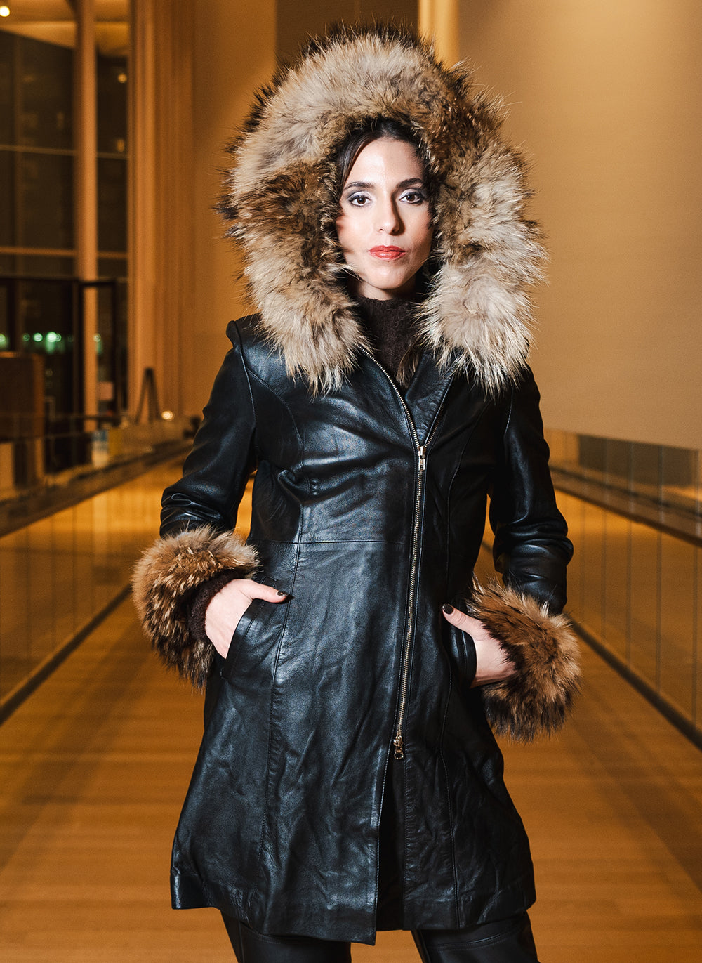 Natalie black winter coat with fur cuffs