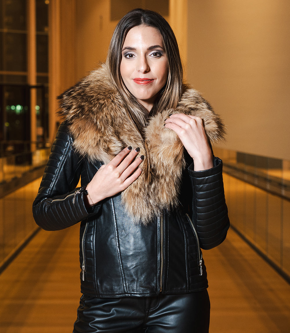 Luciana's Fur Shawl leather jacket with ribbed sleeve detailing