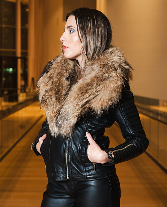 Luciana's Fur Shawl leather jacket with ribbed sleeve detailing