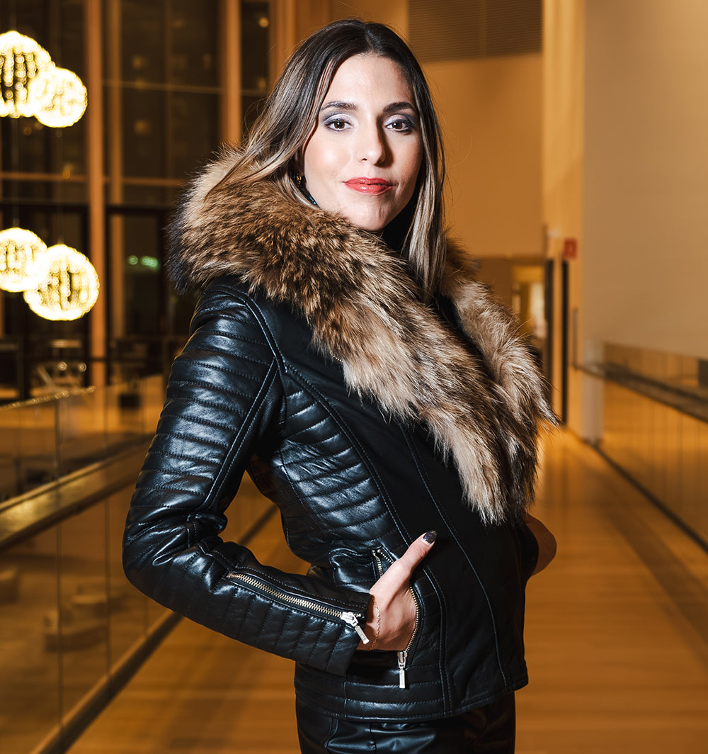 ジャケット・アウター Luv Maison fur hooded leather jacket Luciana's Fur Shawl leather jacket with ribbed sleeve detailing