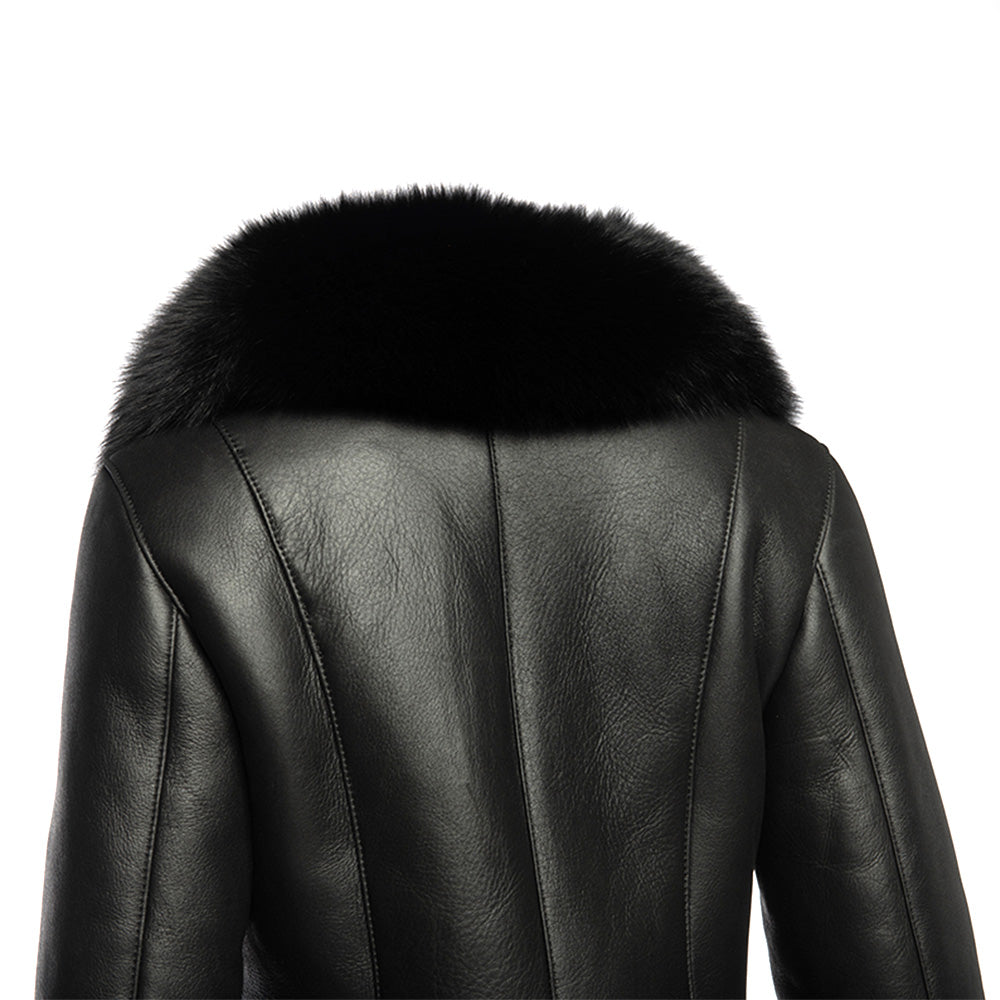 Caitlan’s Black Shearling Sheepskin Full Length Long Coat With Fox Fur Trim