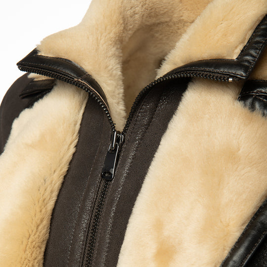 Alex's brown shearling driving coat