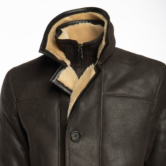 Alex's brown shearling driving coat