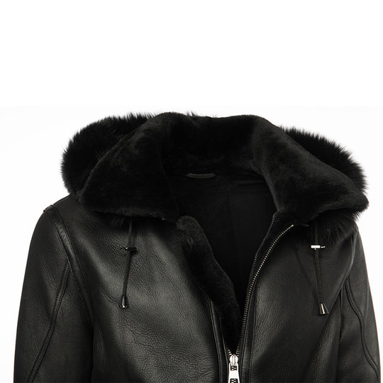 Felix black bomber shearling jacket with hoodie