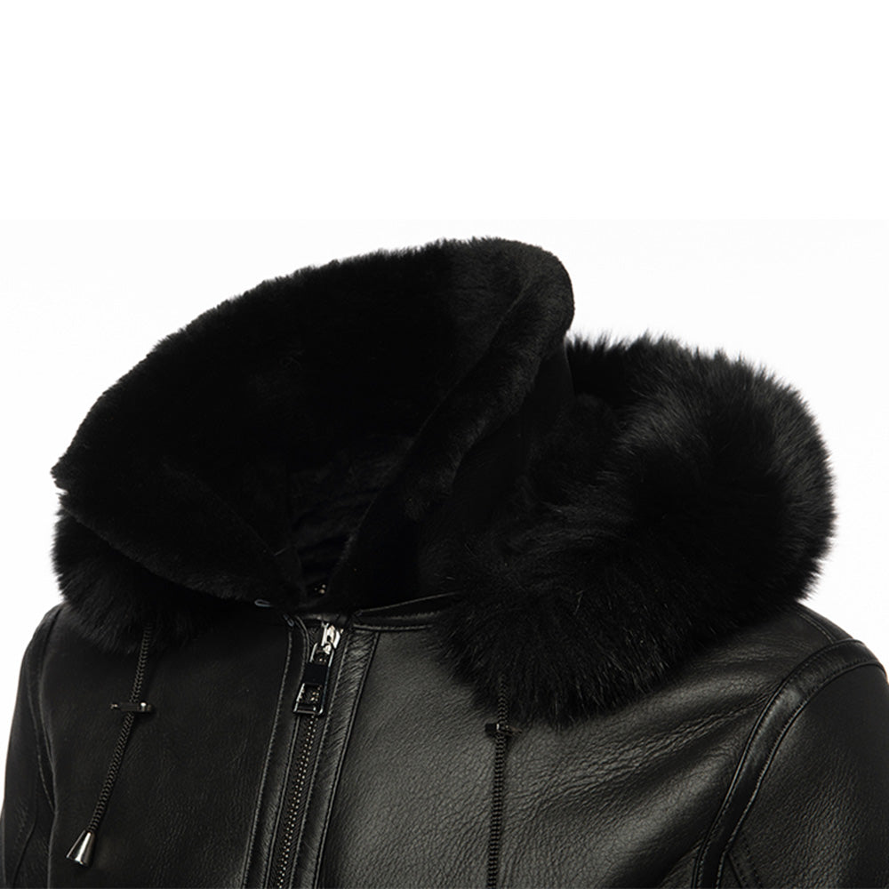 Felix black bomber shearling jacket with hoodie