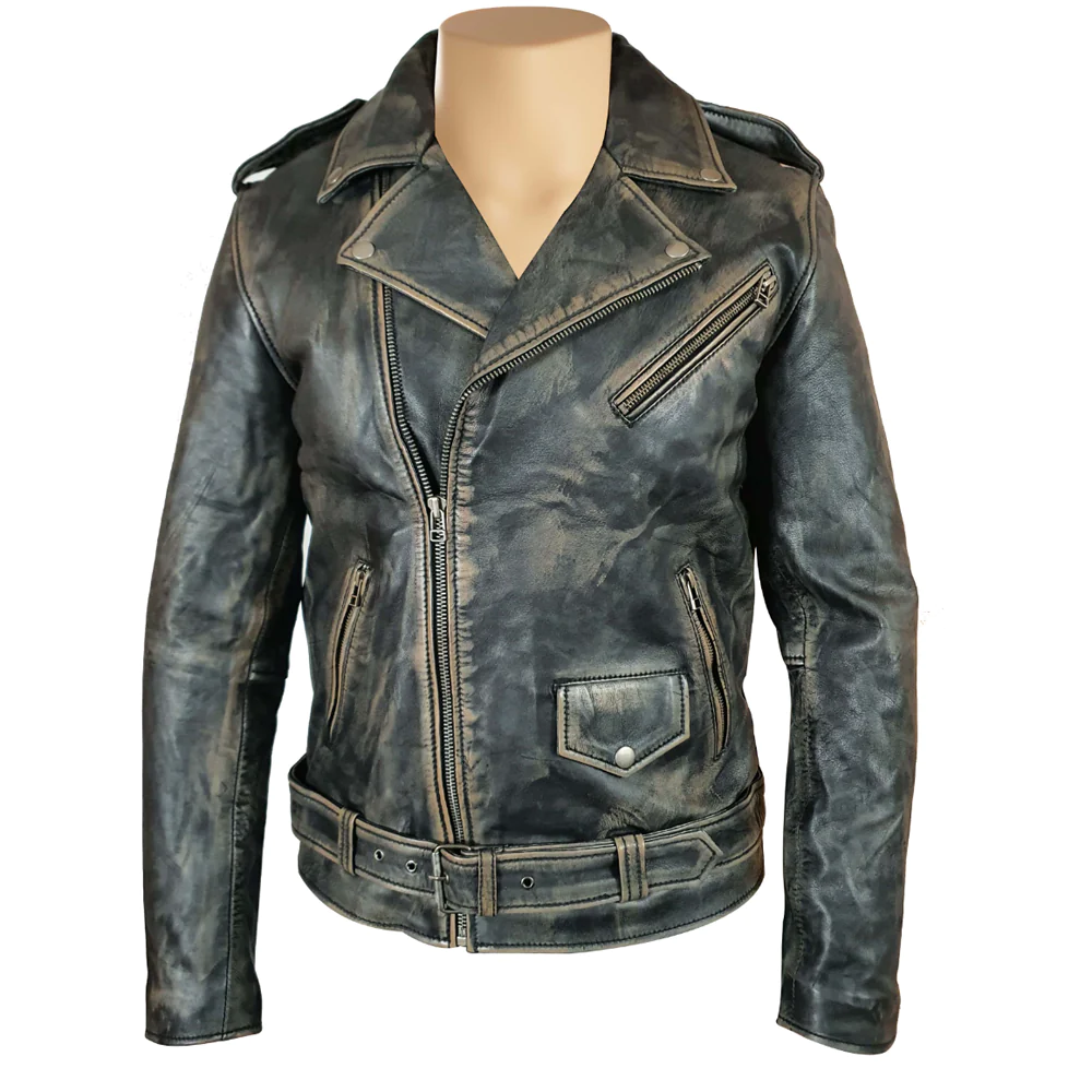 Distressed-Biker-style-jacket-with-belt-front