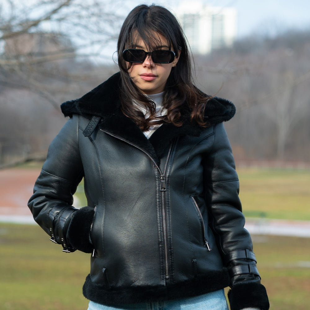 Sofie's black biker style sheepskin shearling jacket with hoodie