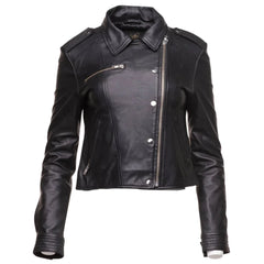 Model wearing the Aria black cropped leather jacket styled with high-waisted trousers for a modern look.
