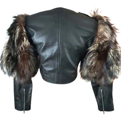 Back view of a tailored cropped leather jacket showing the belted waist and luxury fox fur sleeve detailing.