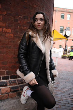 Jayne's Sheepskin Black and White Biker Shearling Jacket