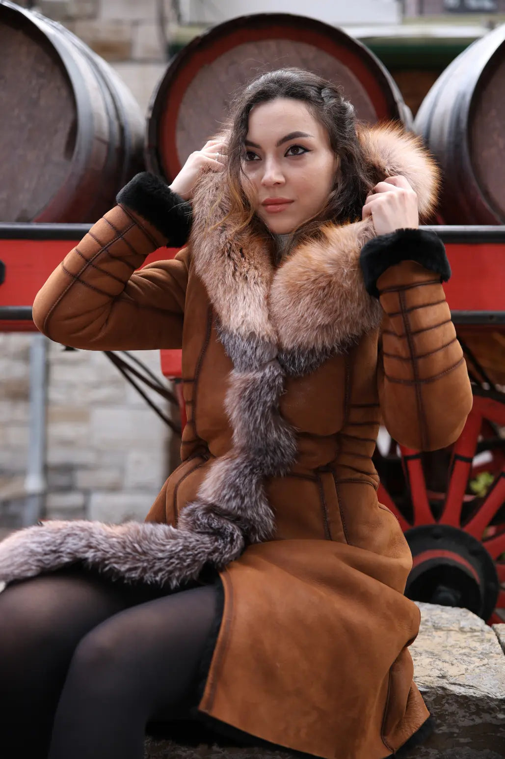 Chantal's Tan Shearling coat with large fox fur hoodie and trim