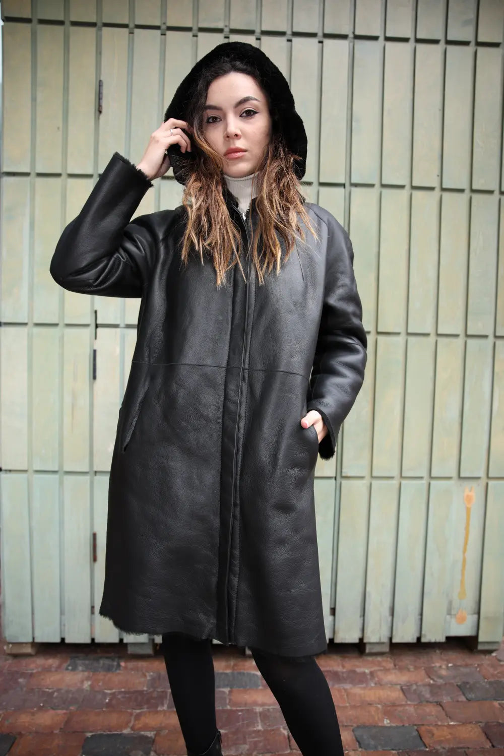 Avalon black oversize Reversible Sheepskin long coat
