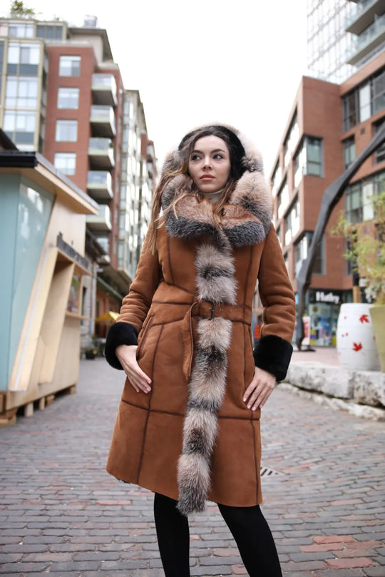 Ellie's shearling hooded coat with crystal fox fur