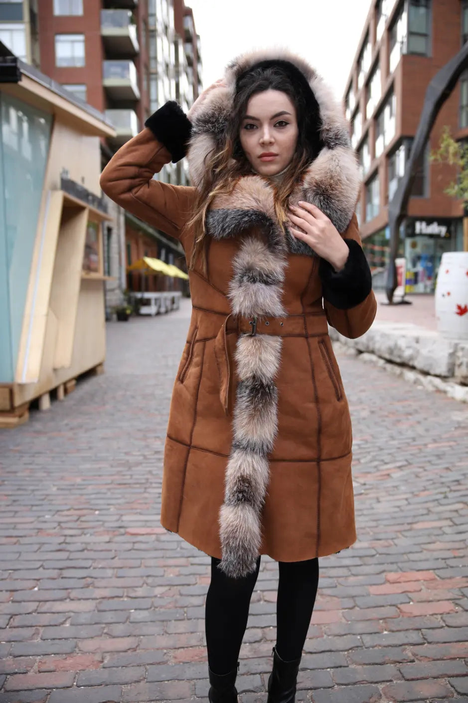 Ellie's shearling hooded coat with crystal fox fur