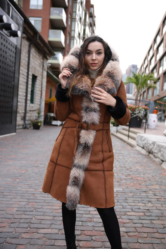 Ellie's shearling hooded coat with crystal fox fur
