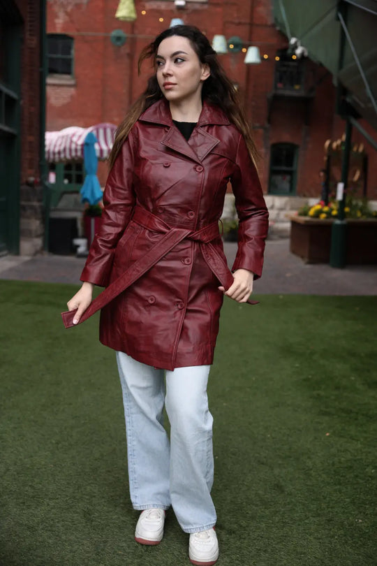 Coral red belted leather coat