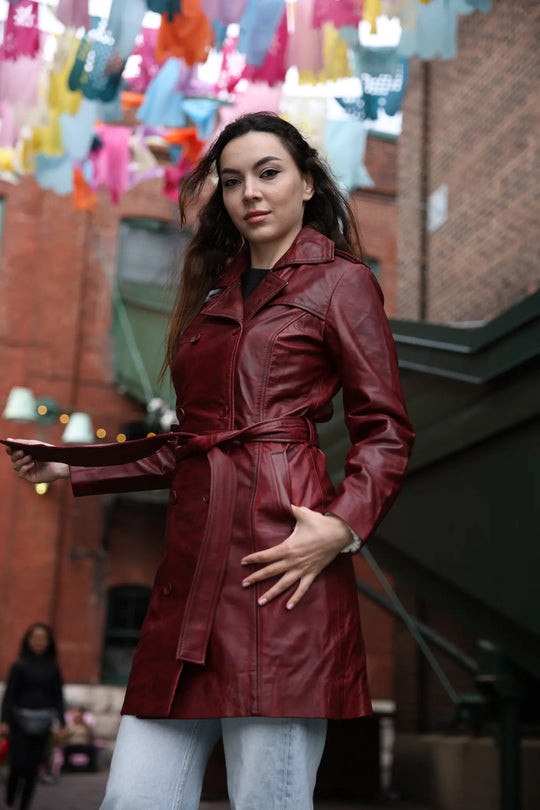 Coral red belted leather coat