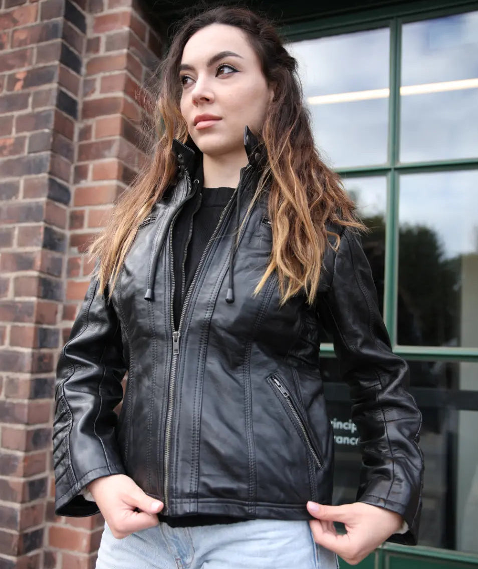 Women's black leather jacket with piping details