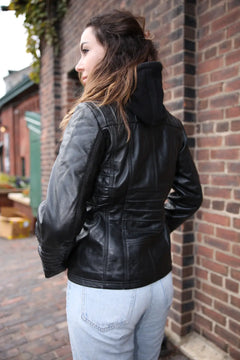 Women's black leather jacket with piping details