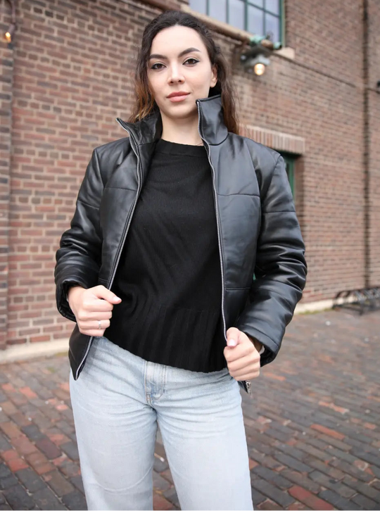 Sorine Black zippered women's Puffer leather jacket