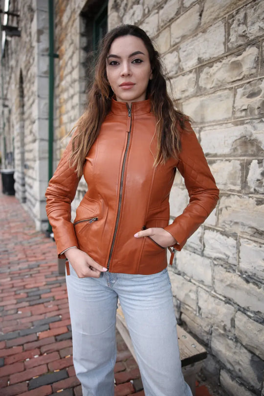 Women's stylish English Tan leather jacket with quilted patches