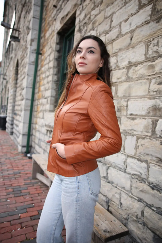 Women's stylish English Tan leather jacket with quilted patches