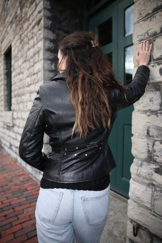 Anna Biker Heavy Leather Jacket With Braiding