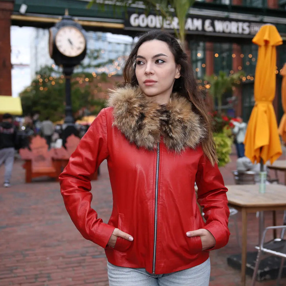 Palmyra Rose Red Leather Jacket With Fur Collar