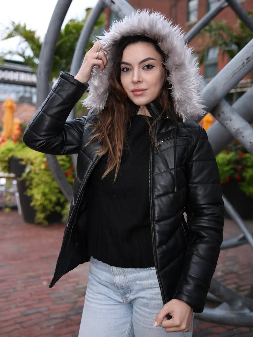 Snow’s Winter Puffer Leather Jacket With Fur Trimmed Hoodie