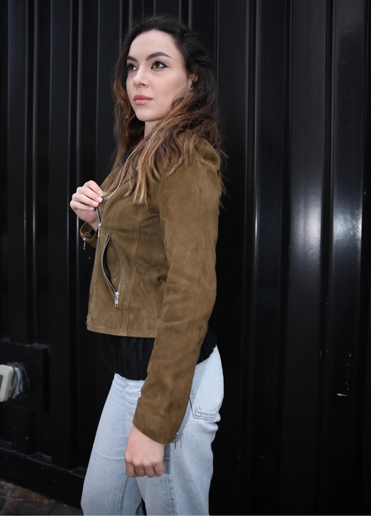 Sandra Olive Green Suede Biker Jacket