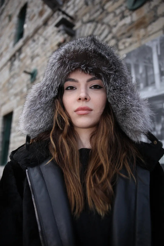 Silver fox fur and leather Aviator hat